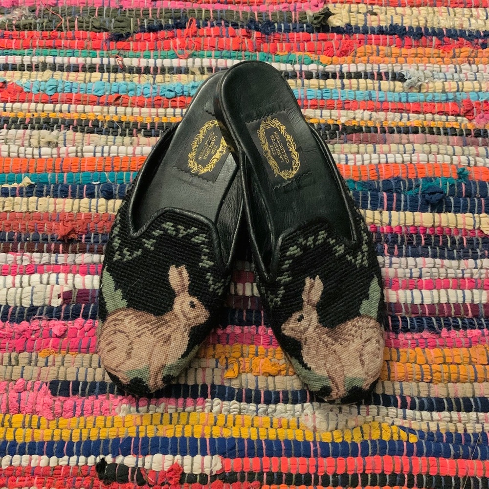 vintage larkspur needlepoint bunny mules